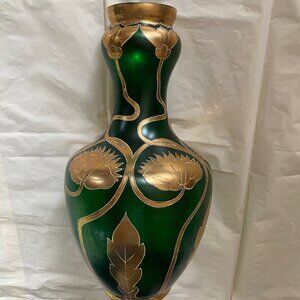Le Gras green glass vase with gold trim